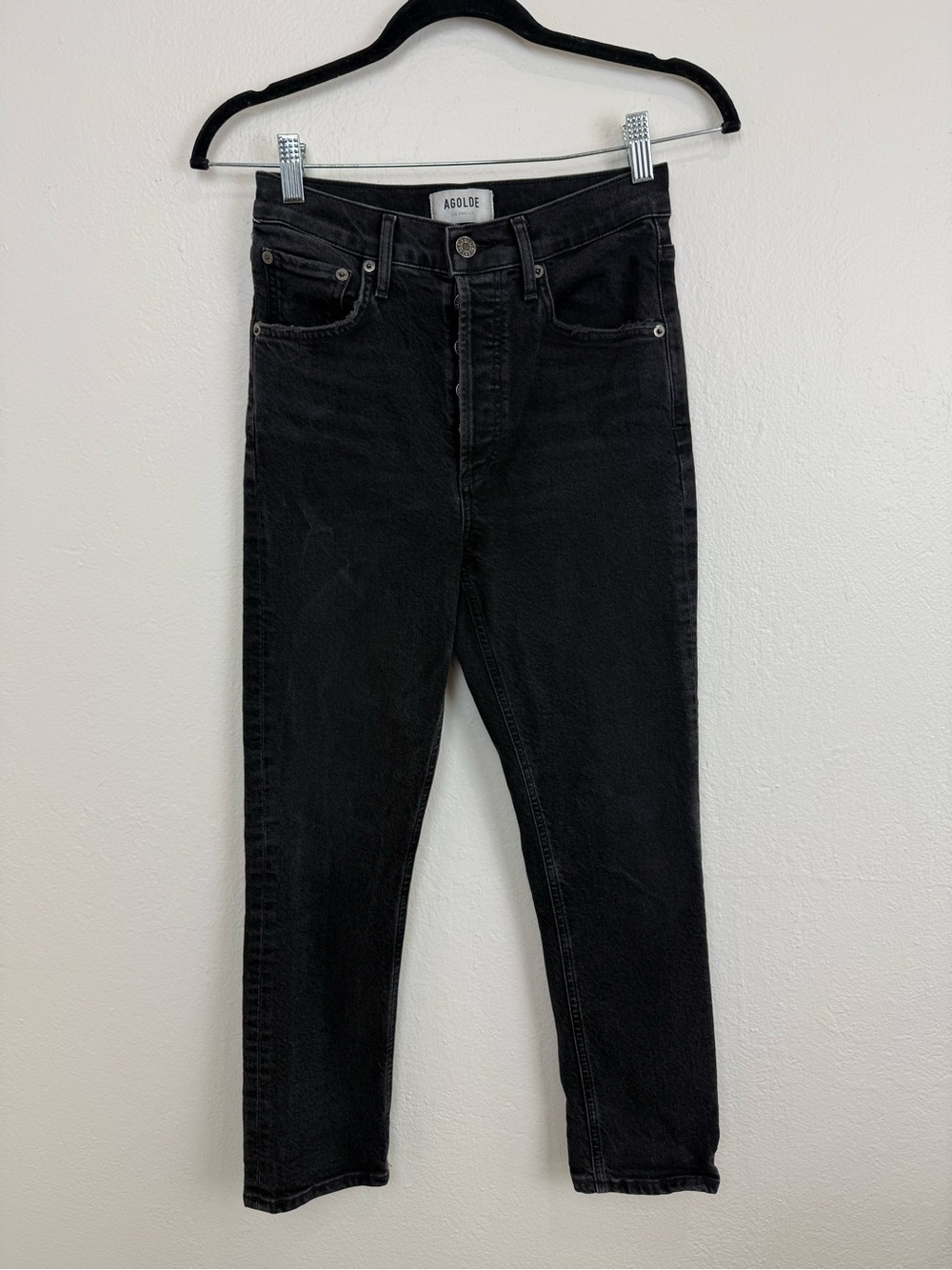 AGOLDE Riley High Rise Straight Crop Jeans 25 Panoramic Black Stretch Denim - Picture 3 of 9